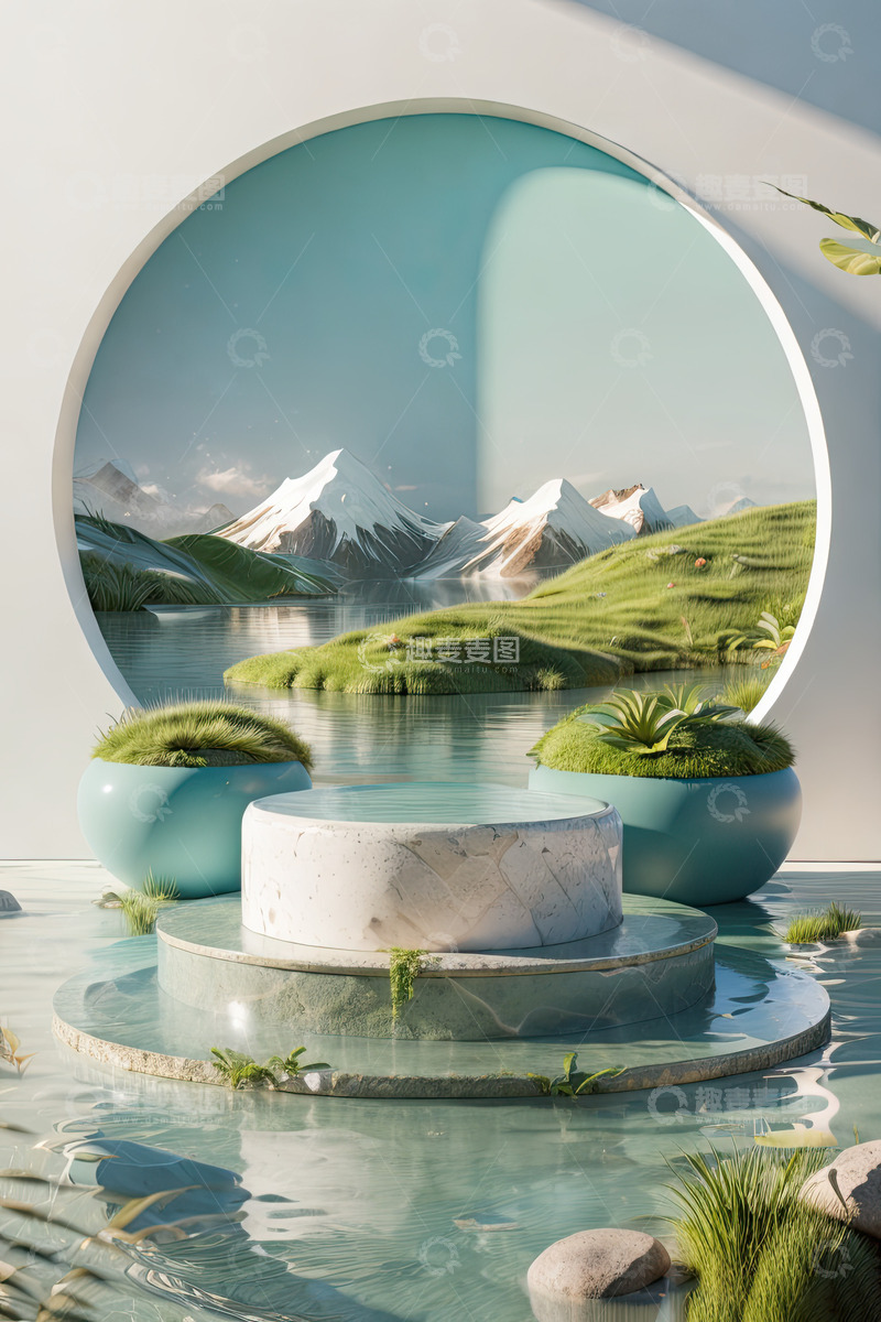 高清大图下载【趣麦麦图】湖面电商化妆品产品展台AI插画高清海报背27