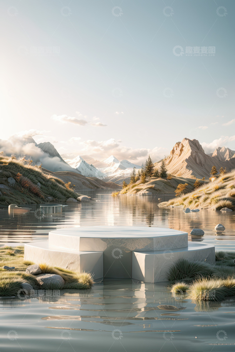 高清大图下载【趣麦麦图】湖面电商化妆品产品展台AI插画高清海报背19