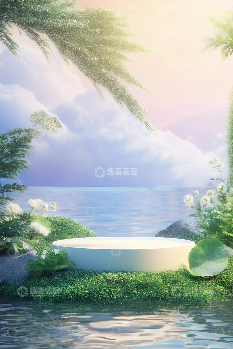 高清大图下载【趣麦麦图】湖面电商化妆品展台AI插画高清海报背景素9