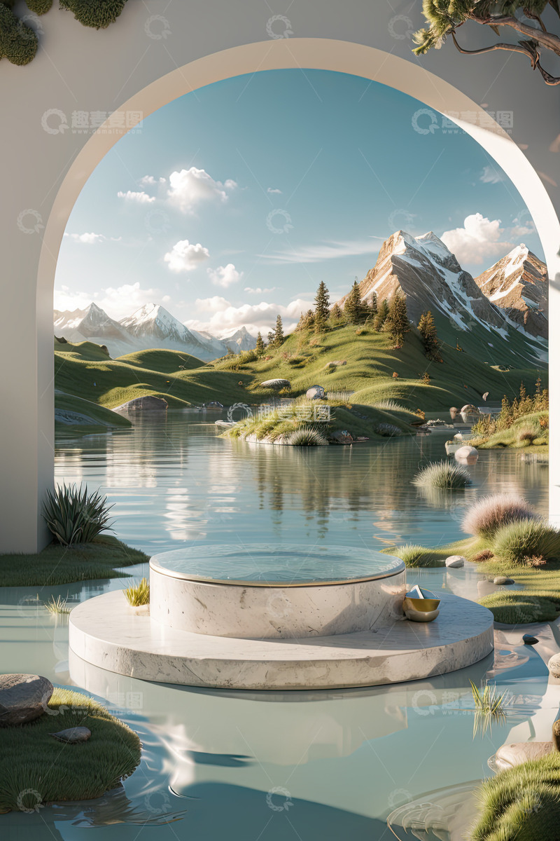 高清大图下载【趣麦麦图】湖面电商化妆品产品展台AI插画高清海报背30