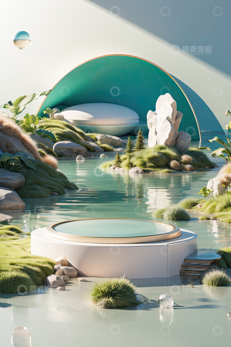 高清大图下载【趣麦麦图】湖面电商化妆品展台AI插画高清海报背景素1