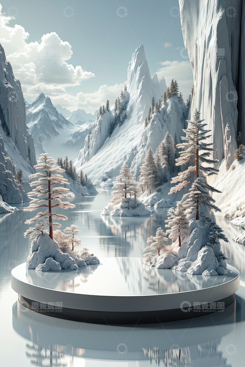 高清大图下载【趣麦麦图】湖面电商化妆品展台AI插画高清海报背景素6