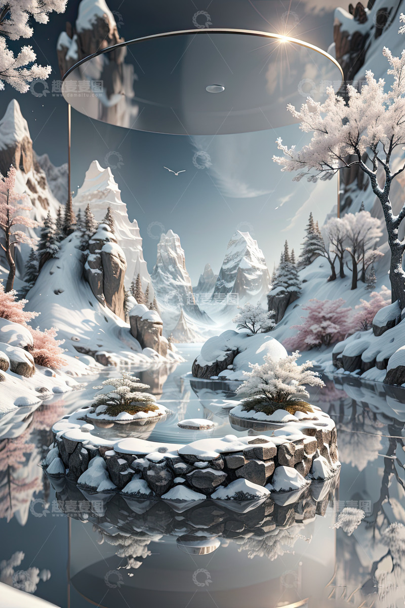 高清大图下载【趣麦麦图】湖面电商化妆品产品展台AI插画高清海报背14