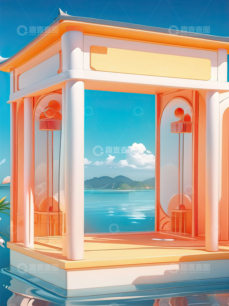 高清大图下载【趣麦麦图】湖面电商化妆品产品展台AI插画高清海报背1