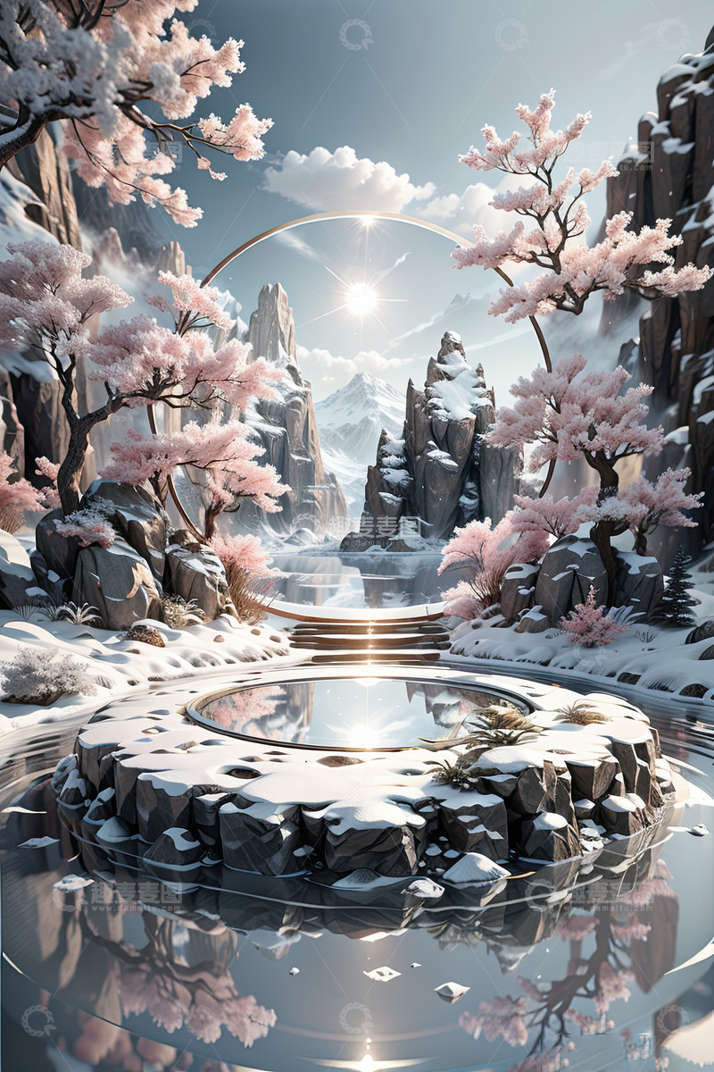 高清大图下载【趣麦麦图】湖面电商化妆品产品展台AI插画高清海报背2