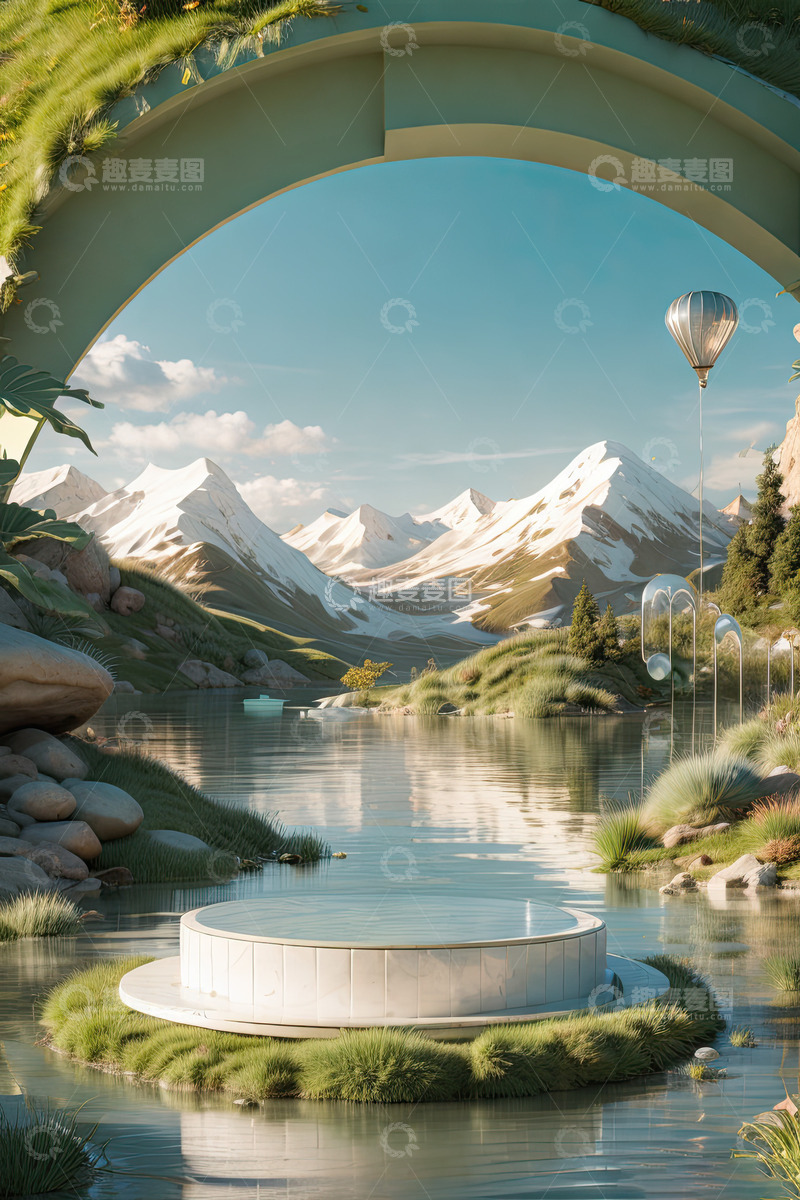 高清大图下载【趣麦麦图】湖面电商化妆品产品展台AI插画高清海报背4
