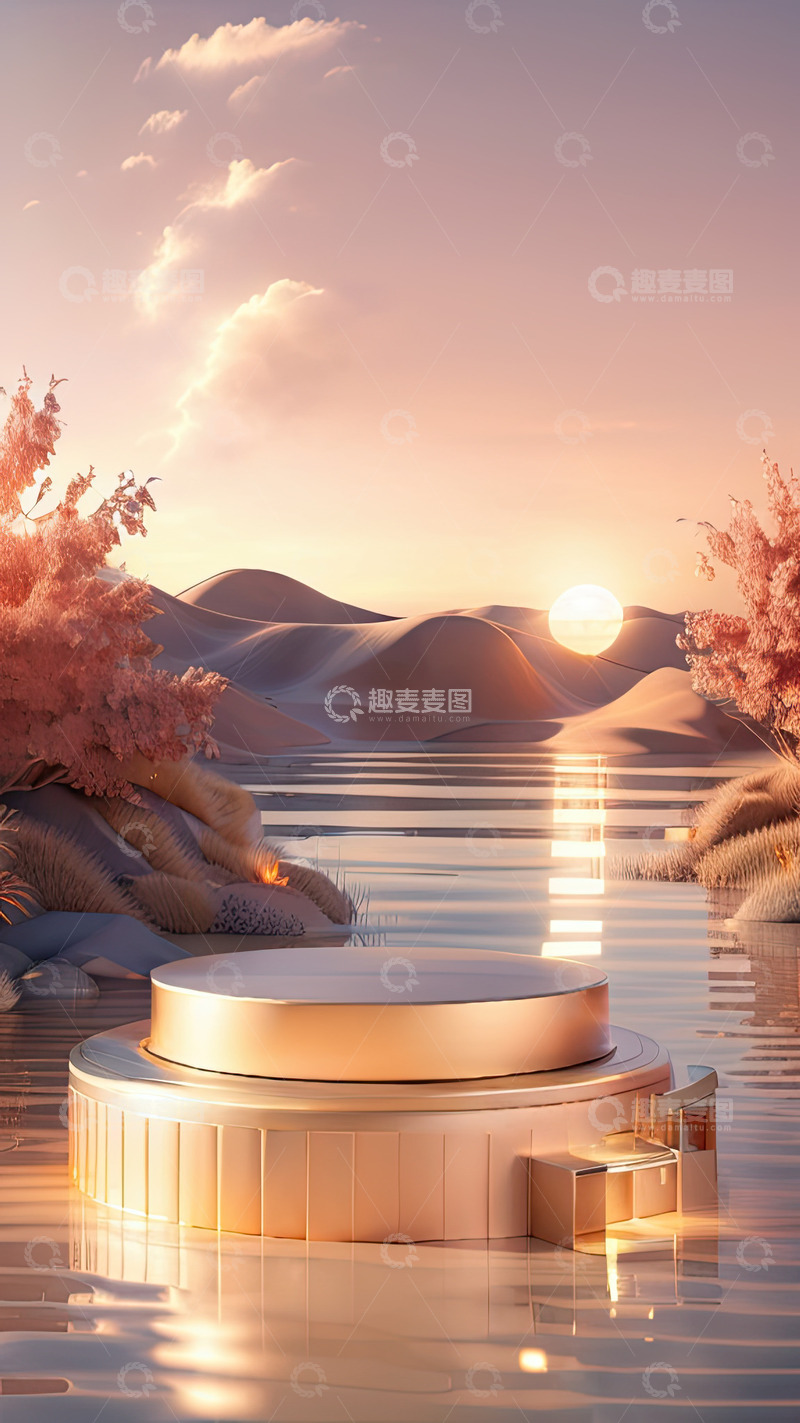高清大图下载【趣麦麦图】湖面电商化妆品产品展台AI插画高清海报背34