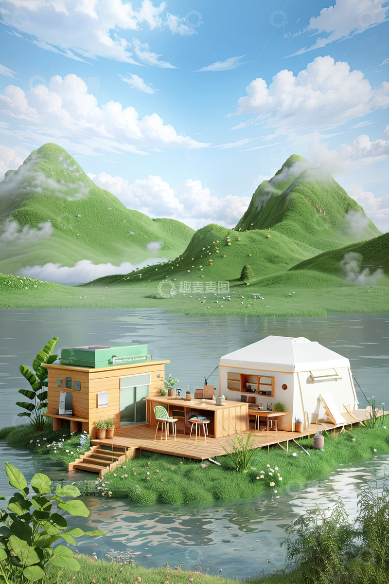 高清大图下载【趣麦麦图】湖面电商化妆品产品展台AI插画高清海报背5