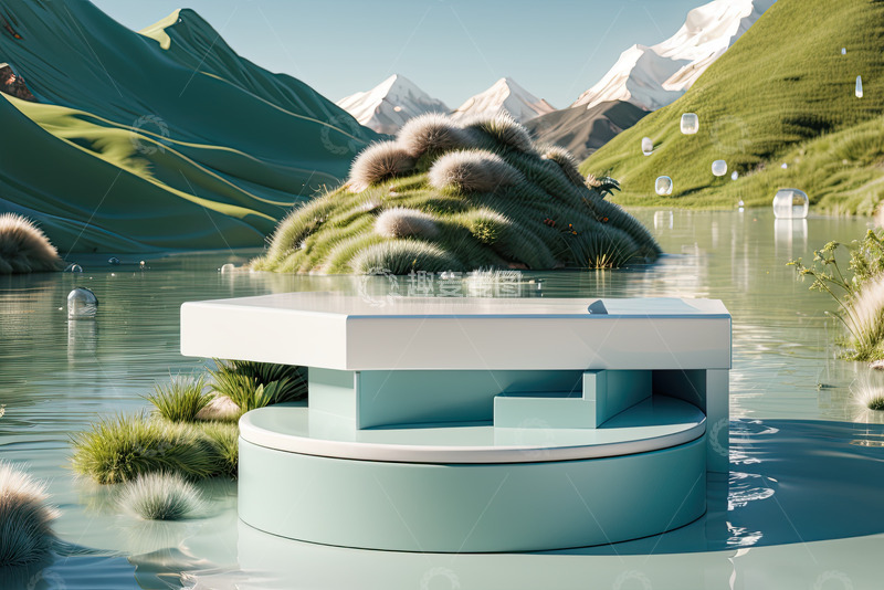 高清大图下载【趣麦麦图】湖面电商化妆品产品展台AI插画高清海报背28