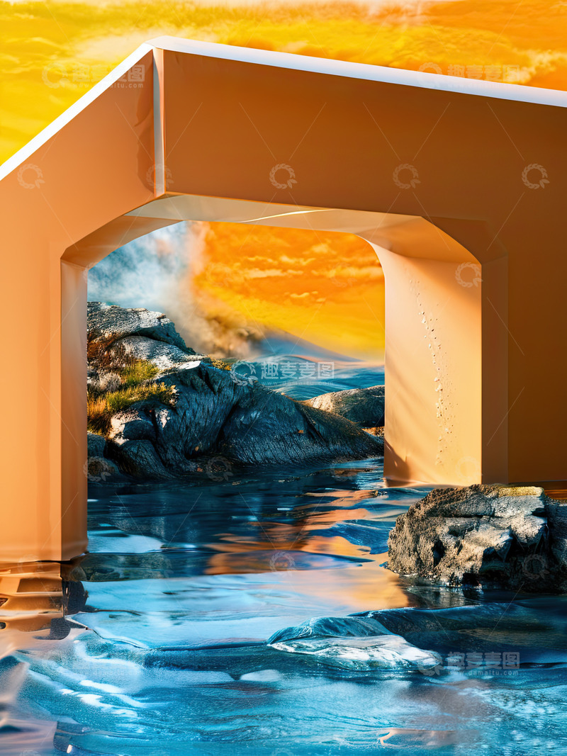 高清大图下载【趣麦麦图】湖面电商化妆品产品展台AI插画高清海报背36