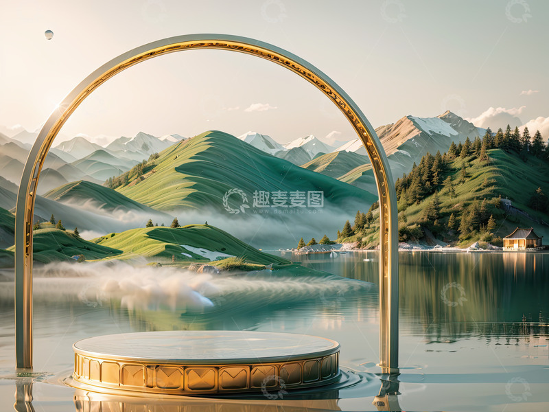 高清大图下载【趣麦麦图】湖面电商化妆品产品展台AI插画高清海报背32
