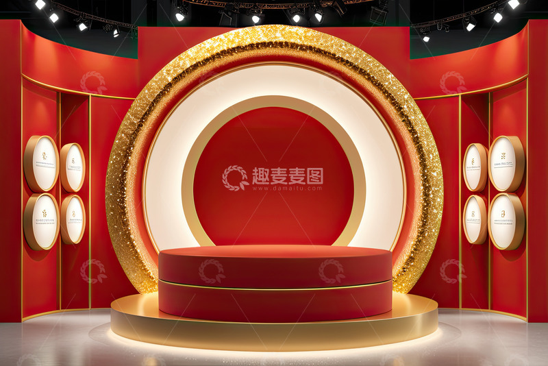 高清大图下载【趣麦麦图】红色圆形电商产品展台AI插画高清海报背景30