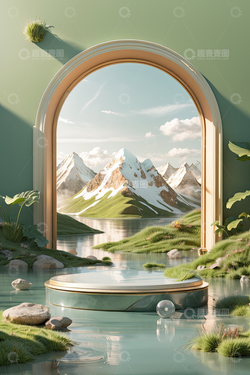 高清大图下载【趣麦麦图】湖面电商化妆品展台AI插画高清海报背景素