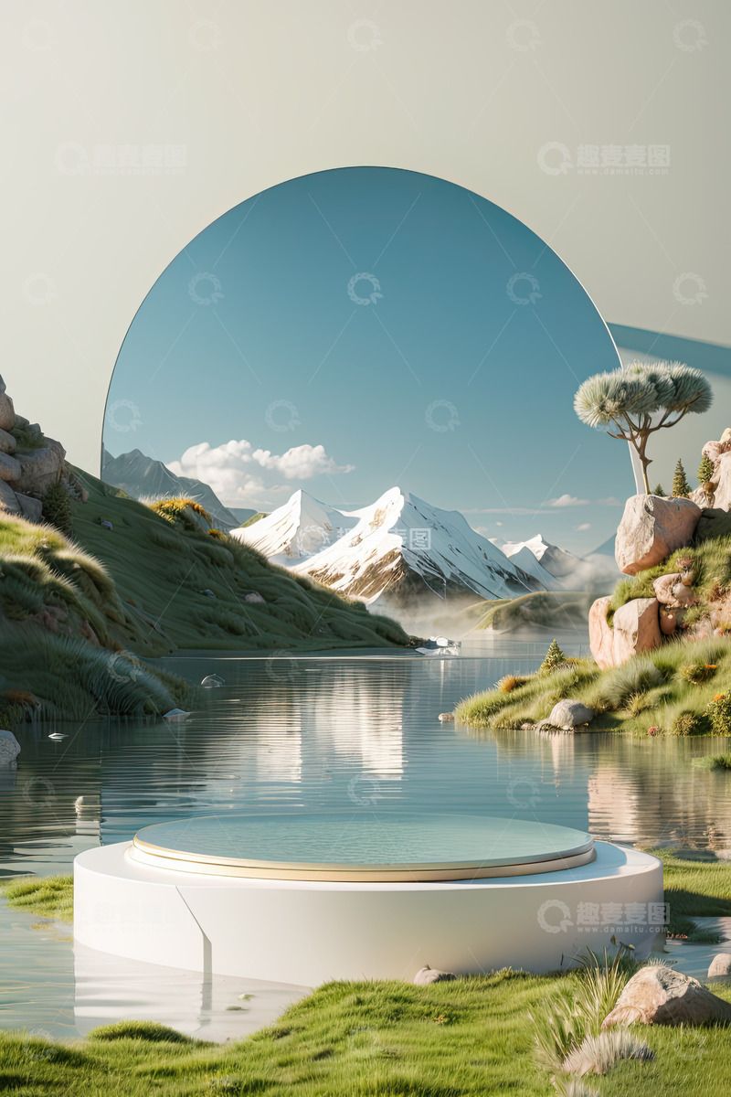 高清大图下载【趣麦麦图】湖面电商化妆品产品展台AI插画高清海报背37