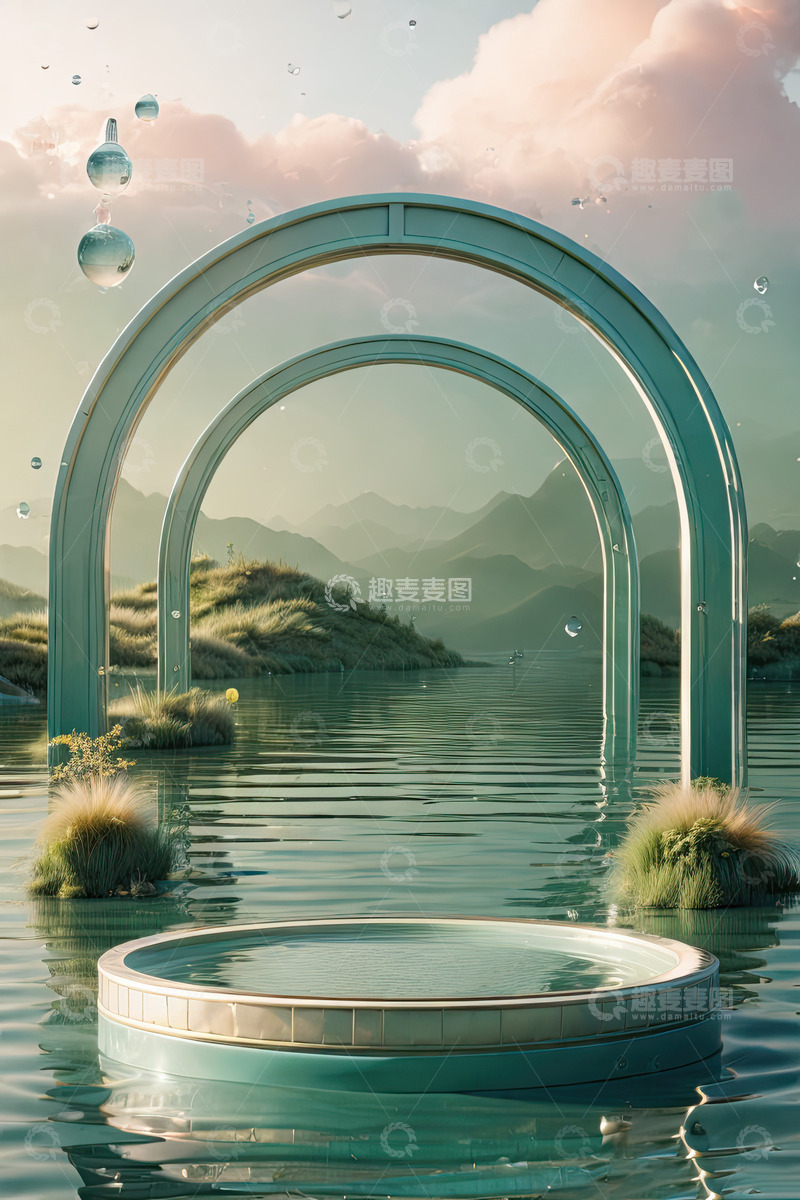 高清大图下载【趣麦麦图】湖面电商化妆品产品展台AI插画高清海报背17