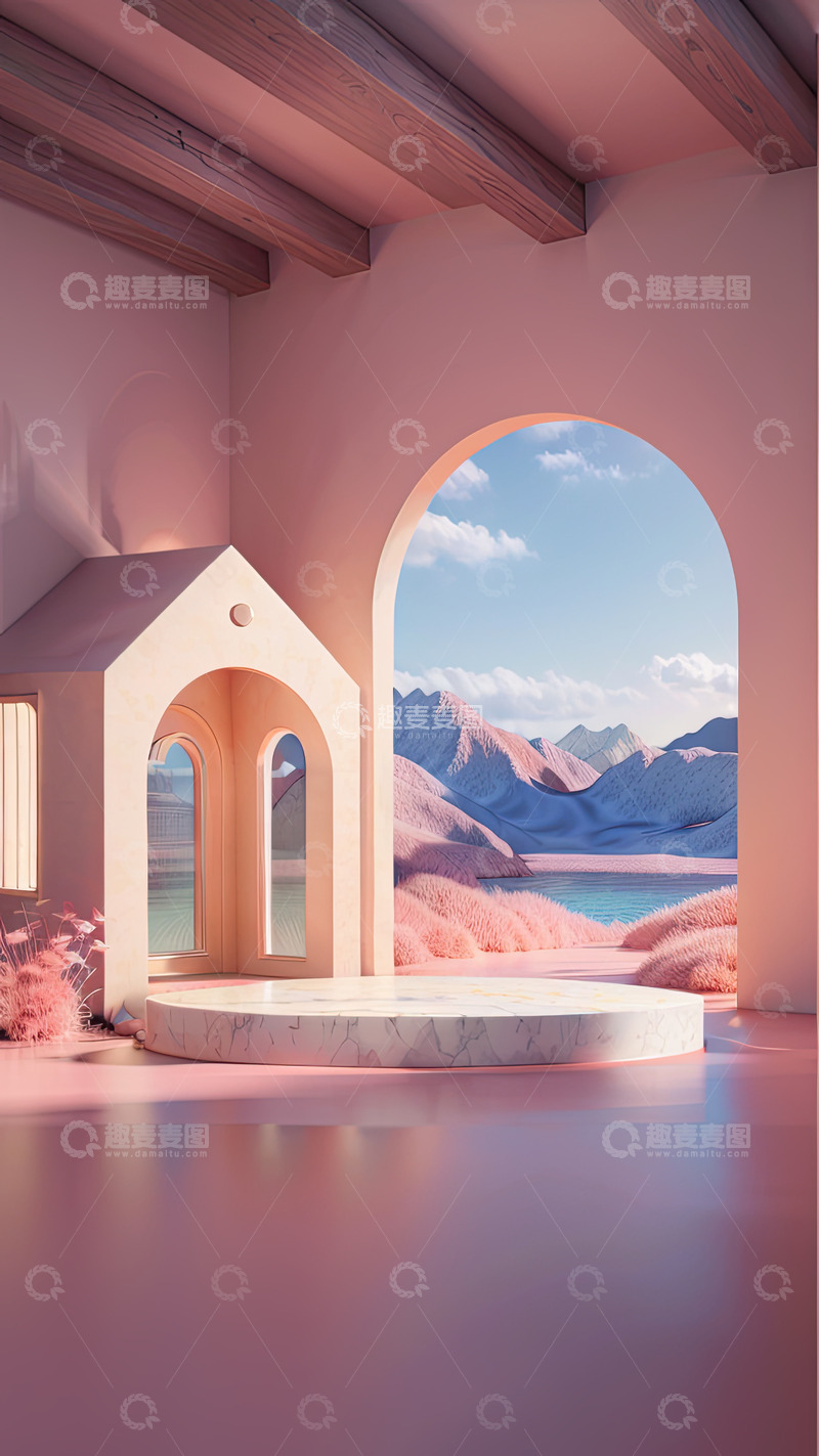 高清大图下载【趣麦麦图】粉色化妆品门洞圆形展台AI插画高清海报背16