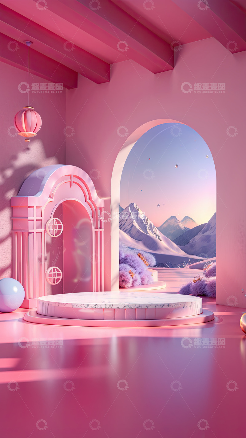 高清大图下载【趣麦麦图】粉色化妆品门洞圆形展台AI插画高清海报背12