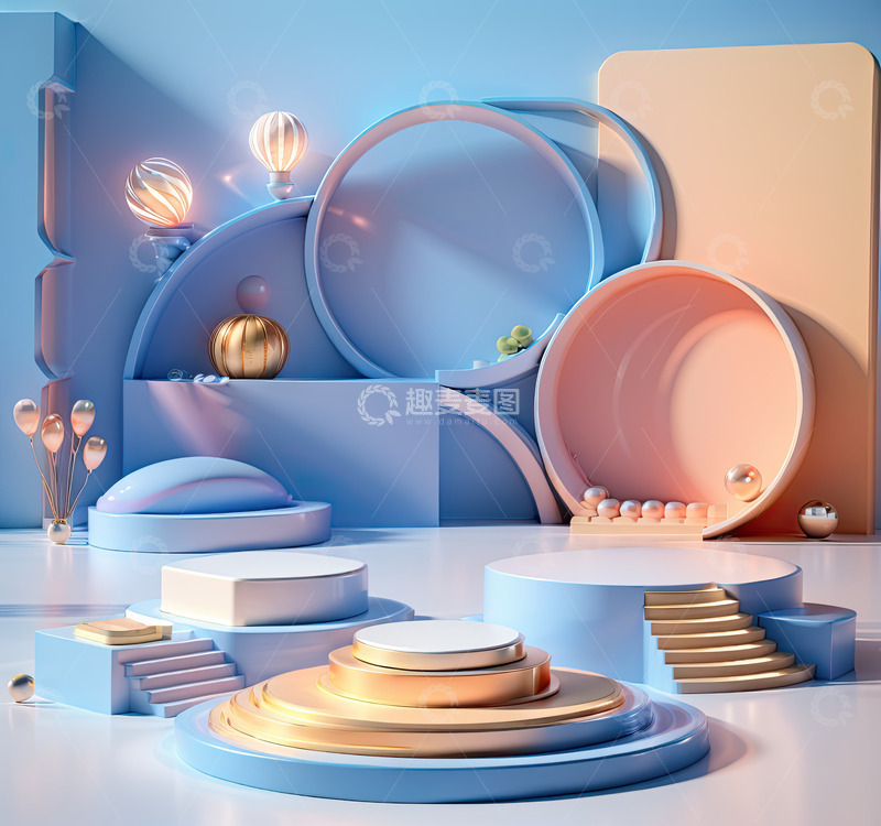 高清大图下载【趣麦麦图】蓝色化妆品圆形展台AI插画高清海报背景素13