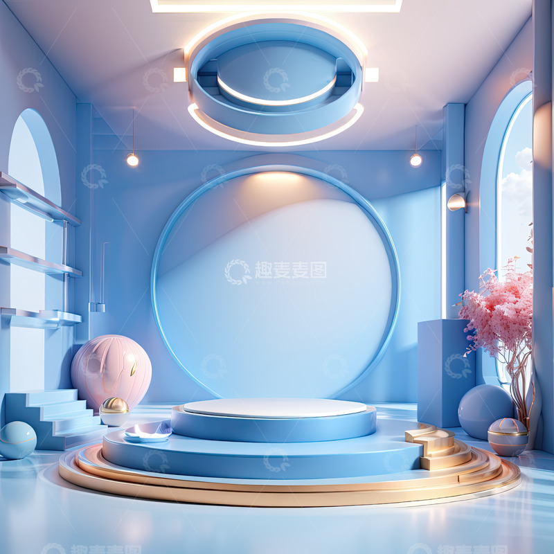 高清大图下载【趣麦麦图】蓝色化妆品圆形展台AI插画高清海报背景素4