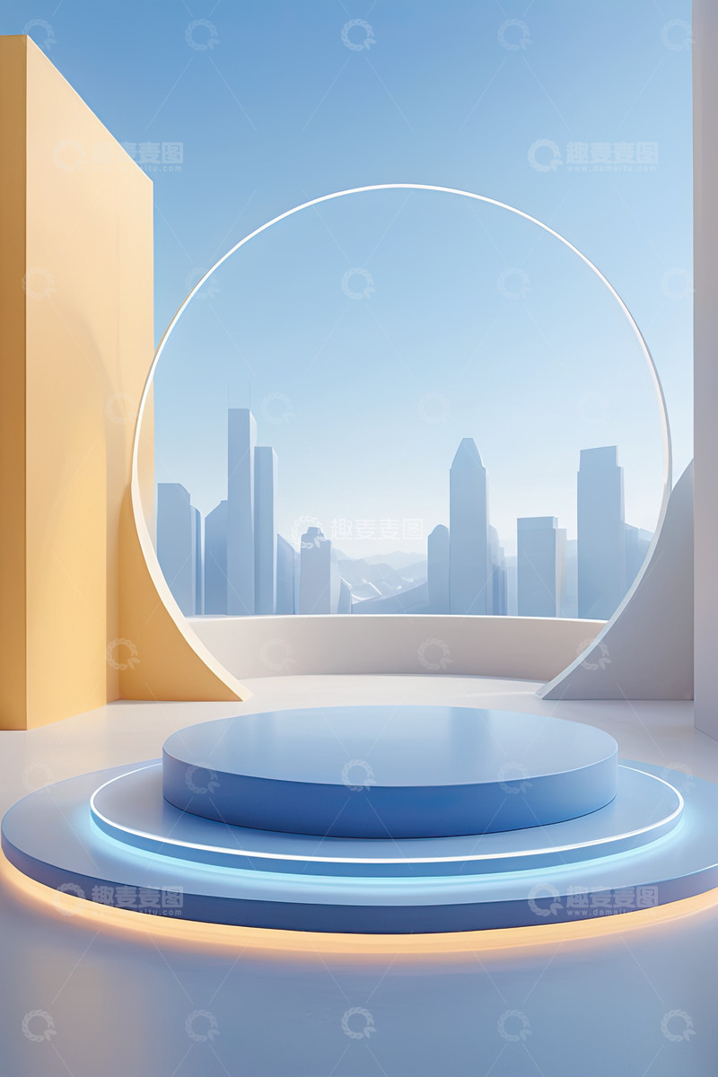 高清大图下载【趣麦麦图】蓝色化妆品圆形展台AI插画高清海报背景素7