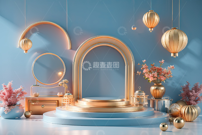 高清大图下载【趣麦麦图】蓝色化妆品圆形展台AI插画高清海报背景素29