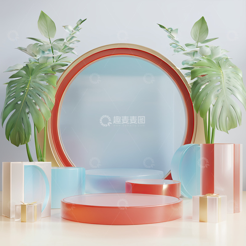 高清大图下载【趣麦麦图】绿色化妆品圆形展台AI插画高清海报背景素3