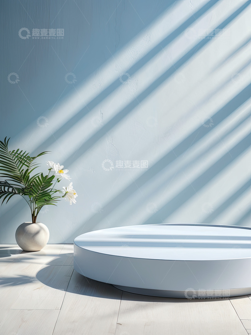 高清大图下载【趣麦麦图】蓝色化妆品圆形展台AI插画高清海报背景素3