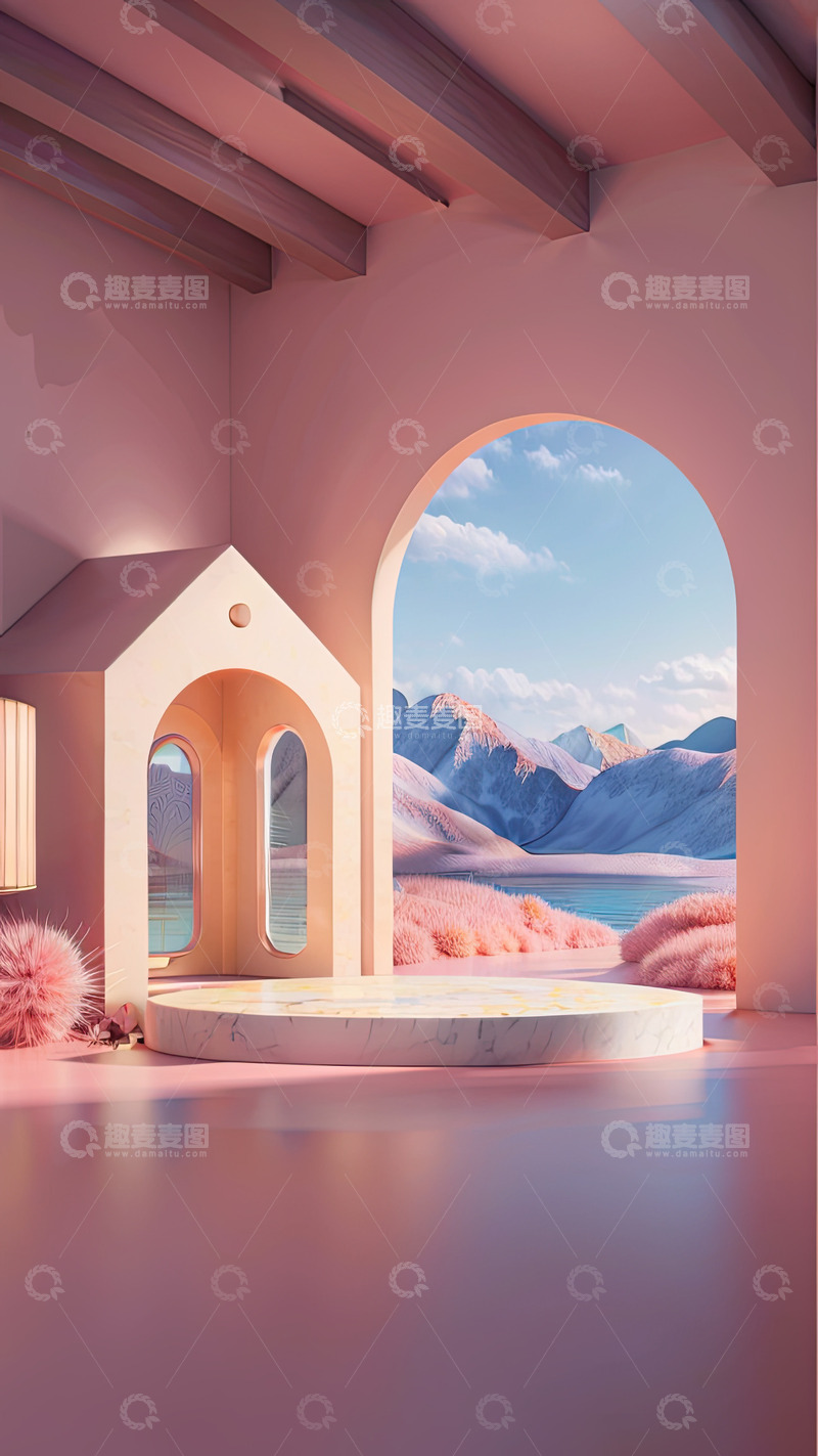 高清大图下载【趣麦麦图】粉色化妆品门洞圆形展台AI插画高清海报背3