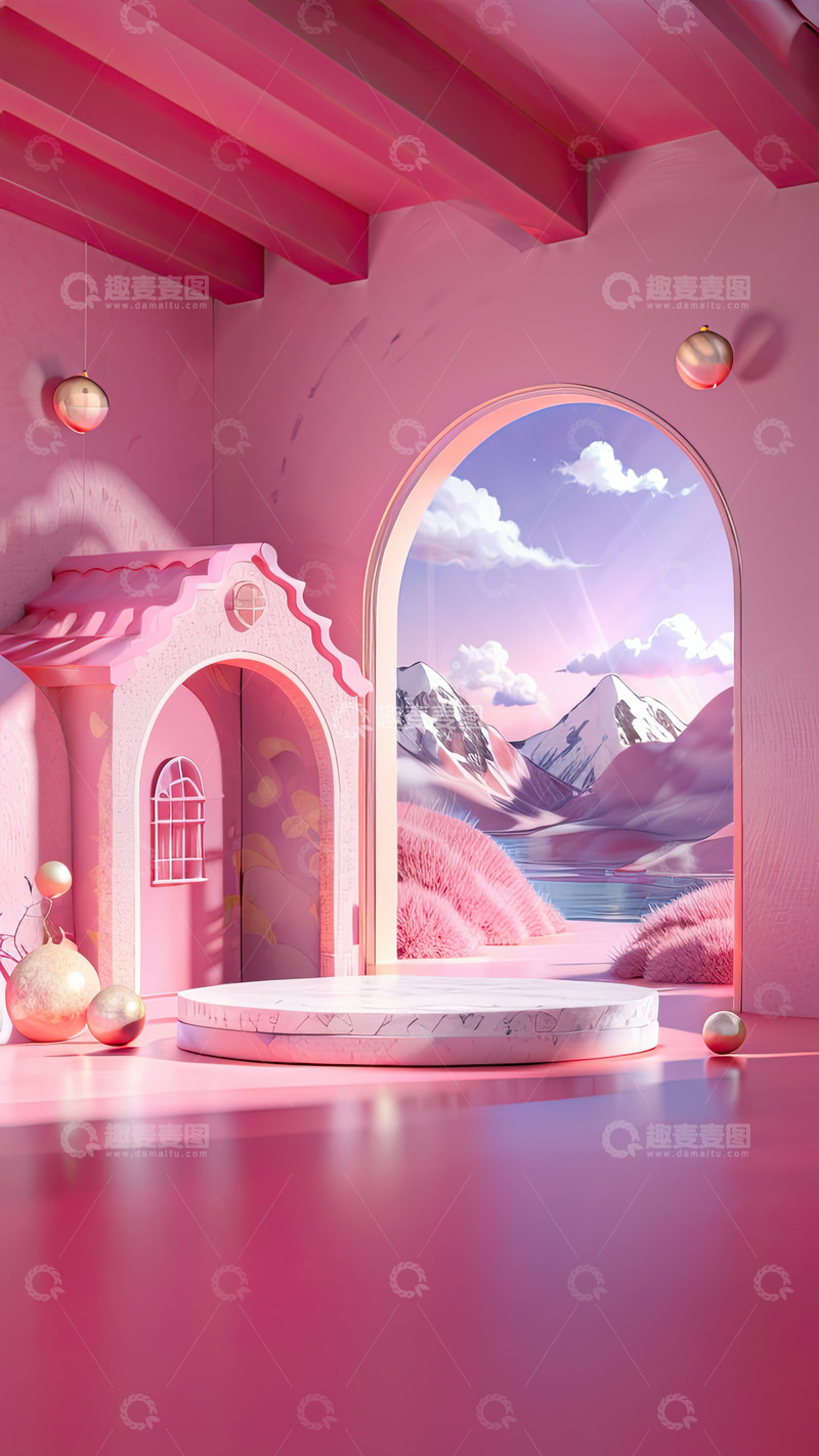 高清大图下载【趣麦麦图】粉色化妆品门洞圆形展台AI插画高清海报背17