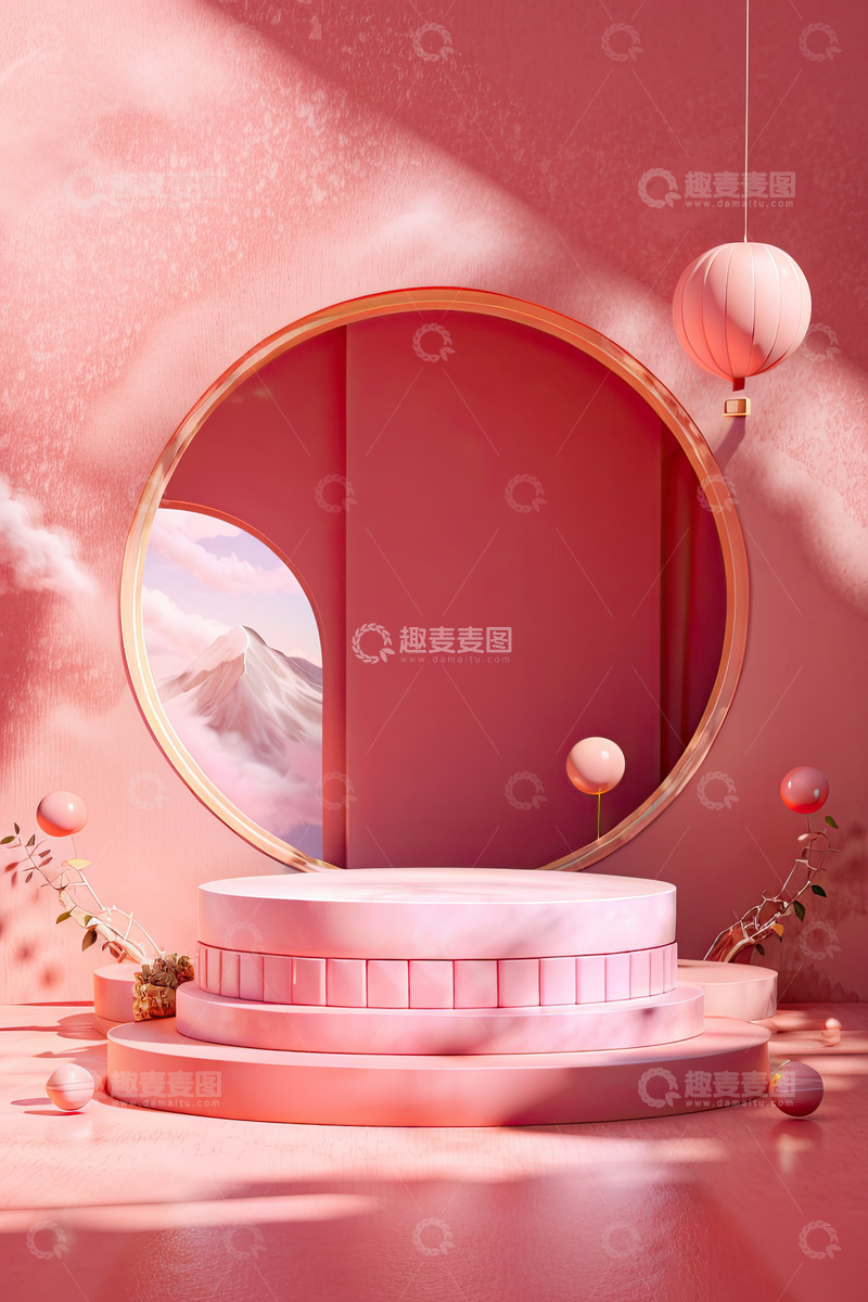 高清大图下载【趣麦麦图】粉色化妆品门洞圆形展台AI插画高清海报背7