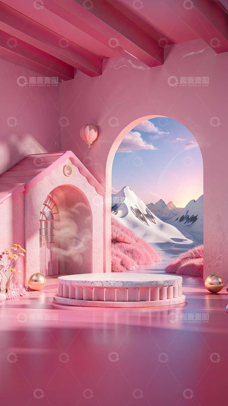 高清大图下载【趣麦麦图】粉色化妆品门洞圆形展台AI插画高清海报背1