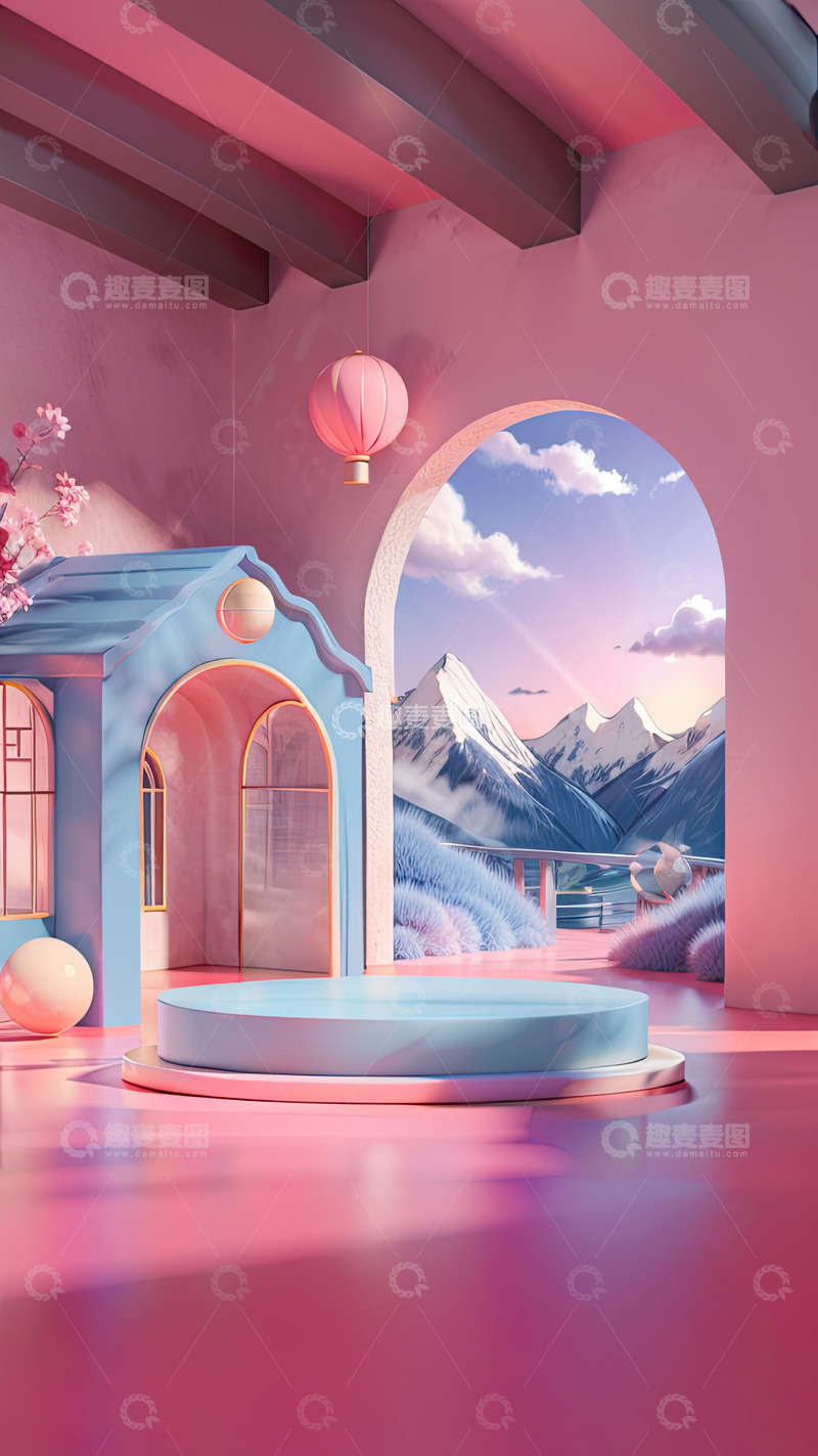 高清大图下载【趣麦麦图】粉色化妆品门洞圆形展台AI插画高清海报背8
