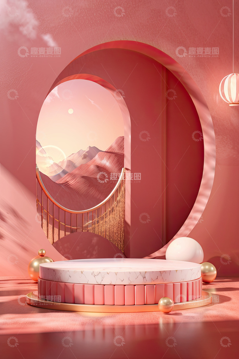 高清大图下载【趣麦麦图】粉色化妆品门洞圆形展台AI插画高清海报背9