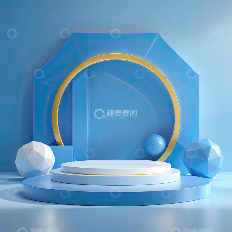 高清大图下载【趣麦麦图】蓝色化妆品圆形展台AI插画高清海报背景素5