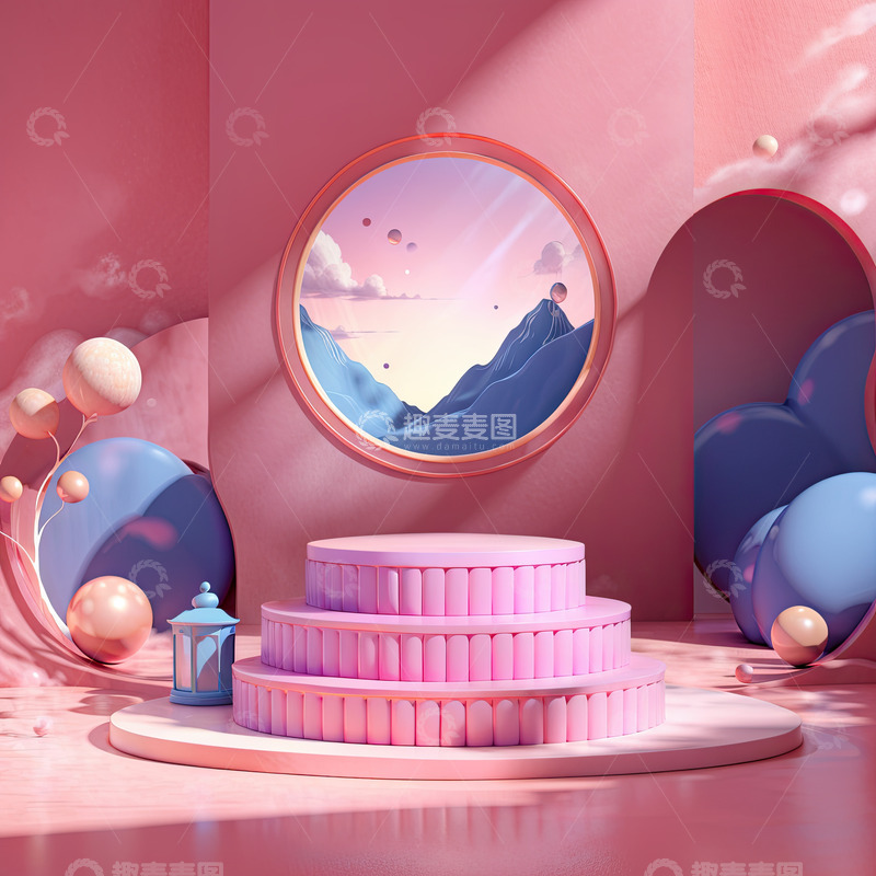 高清大图下载【趣麦麦图】粉色化妆品门洞圆形展台AI插画高清海报背14
