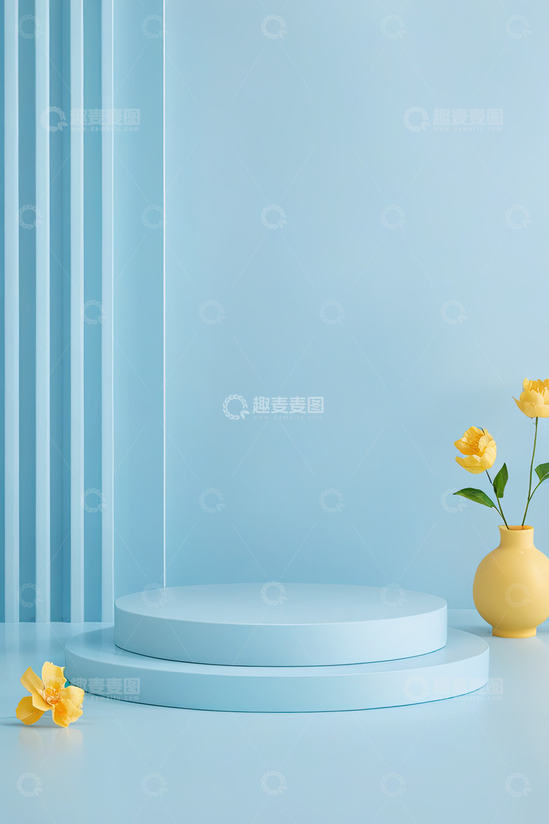 高清大图下载【趣麦麦图】蓝色化妆品圆形展台AI插画高清海报背景素35