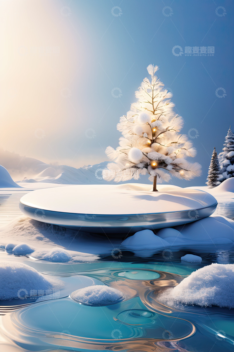 高清大图下载【趣麦麦图】雪景湖面圆形产品展台AI插画高清海报背景30