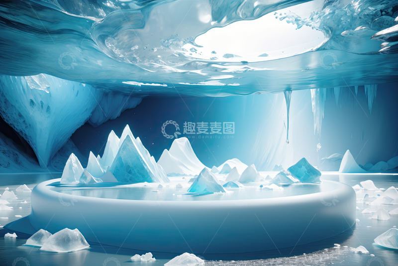 高清大图下载【趣麦麦图】雪景湖面圆形产品展台AI插画高清海报背景17