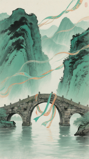 国风山水桥韵主题插画
