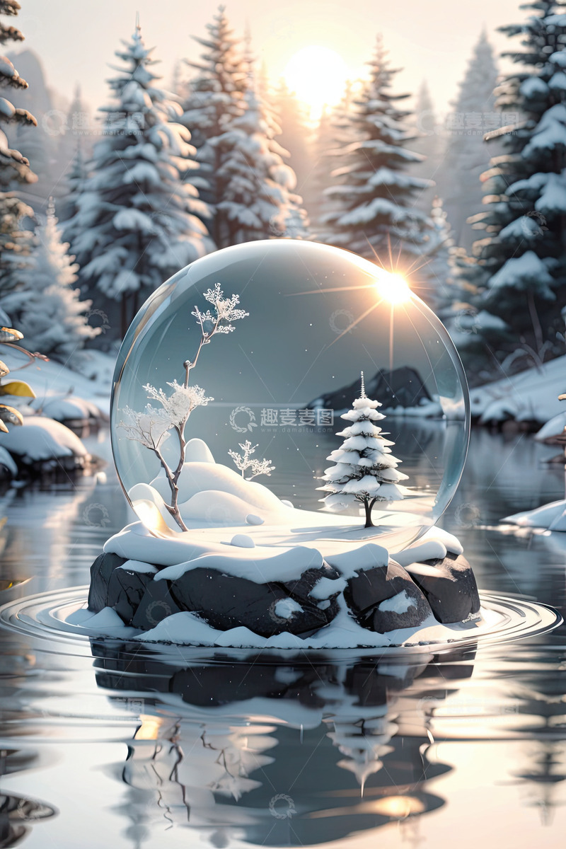 高清大图下载【趣麦麦图】雪景湖面圆形产品展台AI插画高清海报背景21