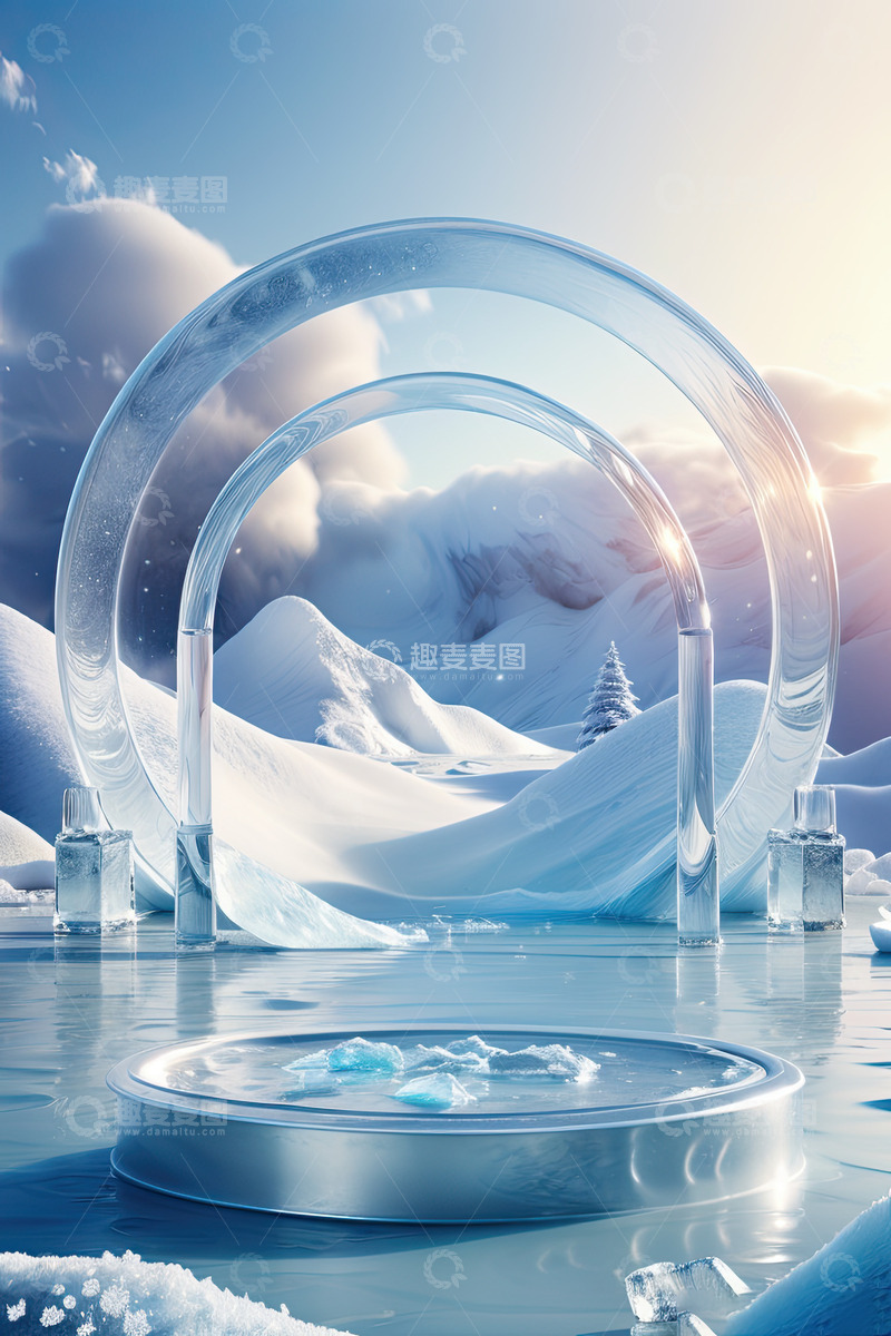 高清大图下载【趣麦麦图】雪景湖面圆形产品展台AI插画高清海报背景