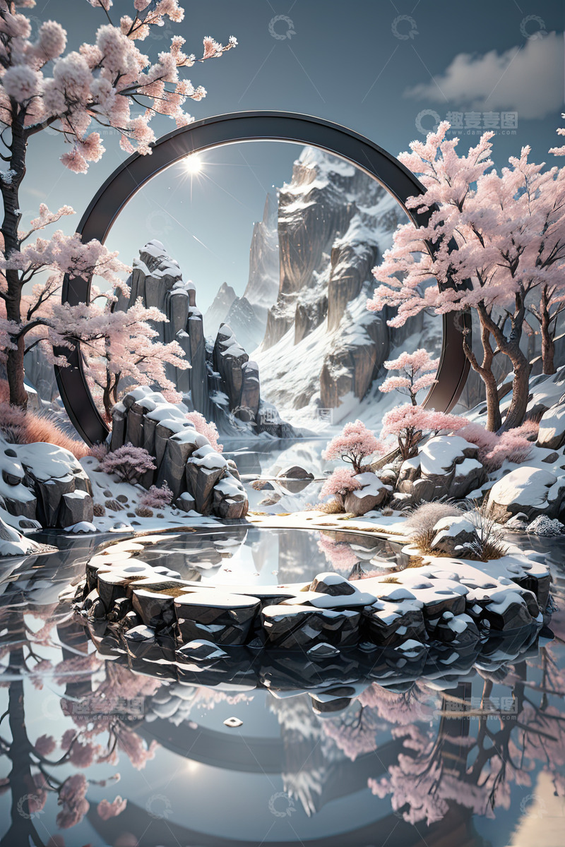 高清大图下载【趣麦麦图】雪景湖面圆形产品展台AI插画高清海报背景15