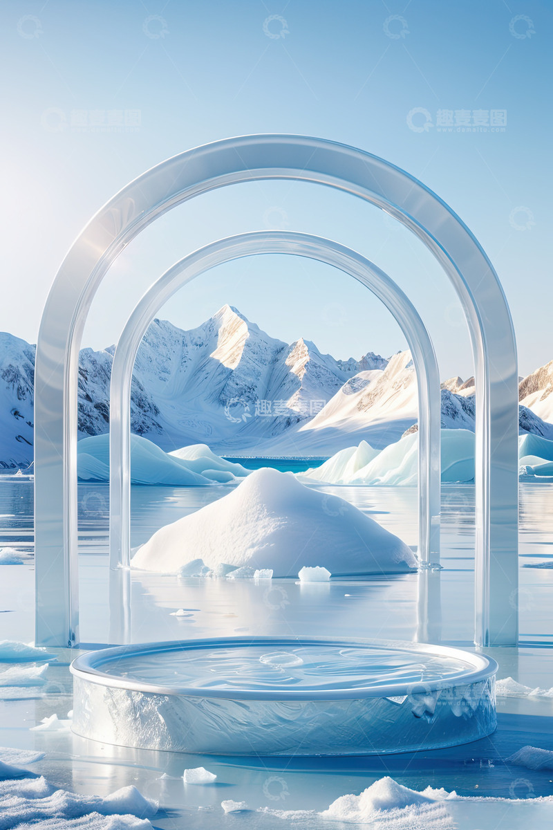 高清大图下载【趣麦麦图】雪景湖面圆形产品展台AI插画高清海报背景13