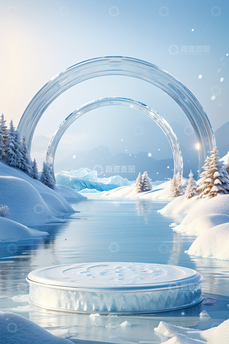高清大图下载【趣麦麦图】雪景湖面圆形产品展台AI插画高清海报背景4