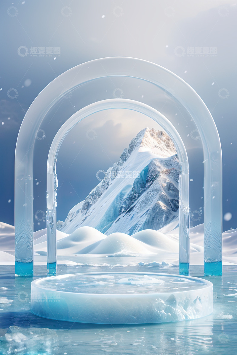 高清大图下载【趣麦麦图】雪景湖面圆形产品展台AI插画高清海报背景2