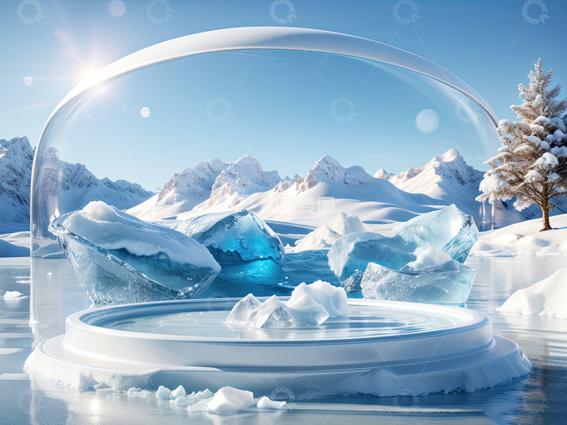 高清大图下载【趣麦麦图】雪景湖面圆形产品展台AI插画高清海报背景18