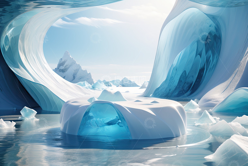 高清大图下载【趣麦麦图】雪景湖面圆形产品展台AI插画高清海报背景26