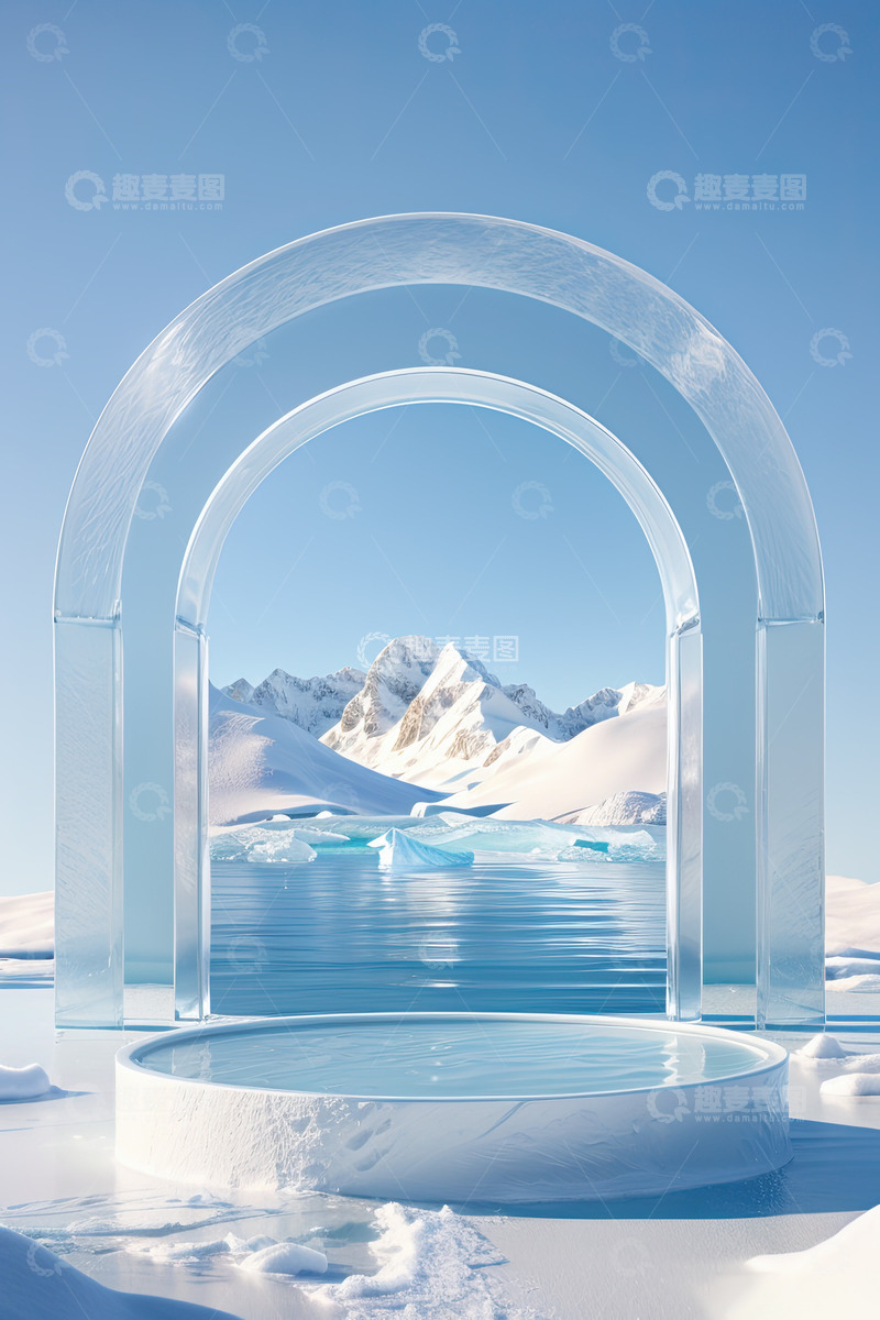 高清大图下载【趣麦麦图】雪景湖面圆形产品展台AI插画高清海报背景34