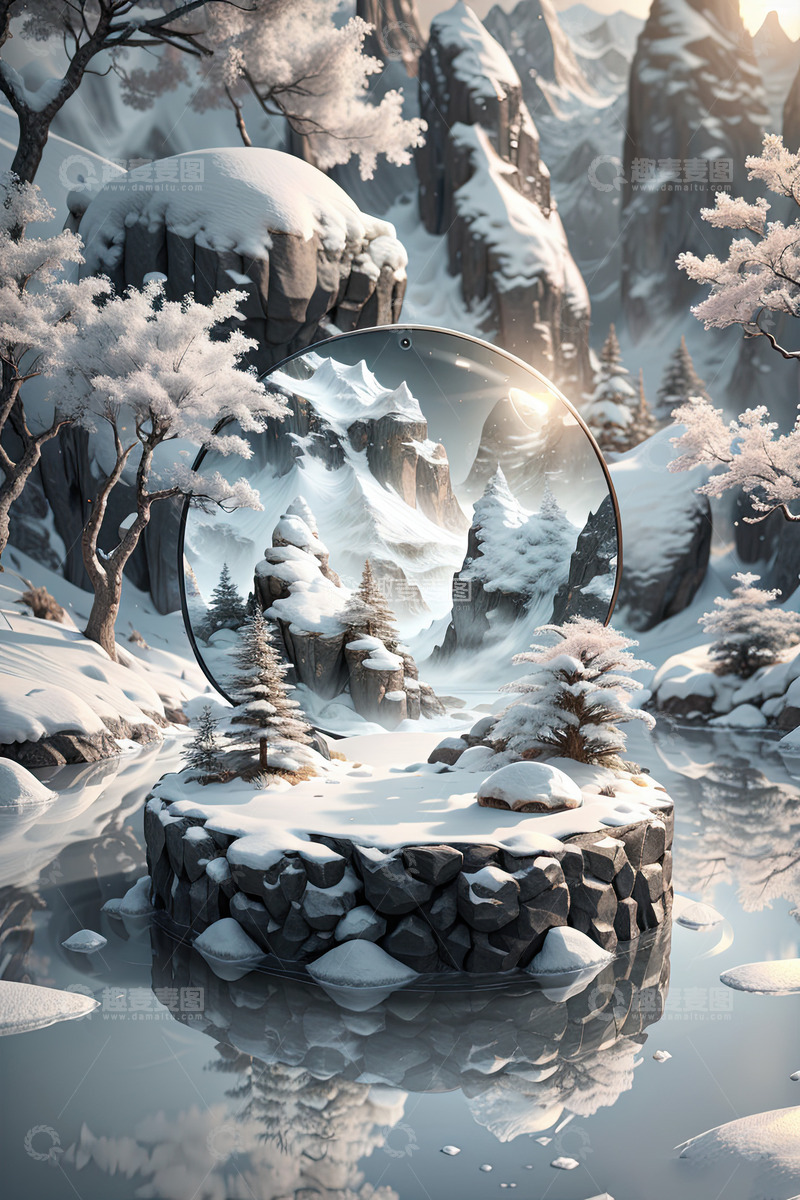 高清大图下载【趣麦麦图】雪景湖面圆形产品展台AI插画高清海报背景12