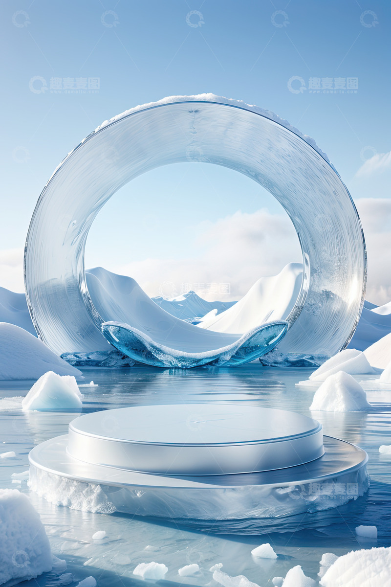 高清大图下载【趣麦麦图】雪景湖面圆形产品展台AI插画高清海报背景10